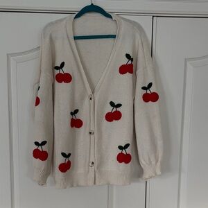 SHEIN Cream Cardigan with Red Cherry Embroidery